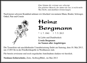 Traueranzeige von Heinz Bergmann von Südthüringer Presse