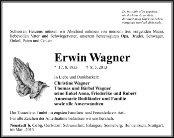 Traueranzeige von Erwin Wagner von Südthüringer Presse
