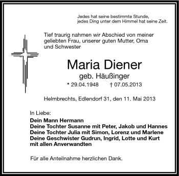Traueranzeige von Maria Diener von Frankenpost