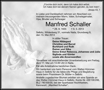 Traueranzeige von Manfred Schaller von Frankenpost