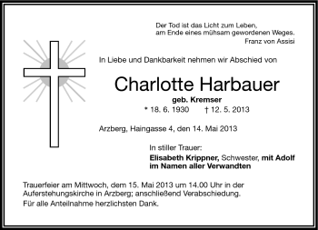 Traueranzeige von Charlotte Harbauer von Frankenpost