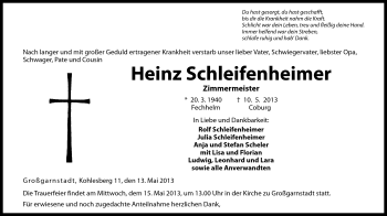 Traueranzeige von Heinz Schleifenheimer von Neue Presse Coburg