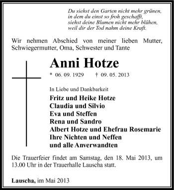 Traueranzeige von Anni Hotze von Südthüringer Presse