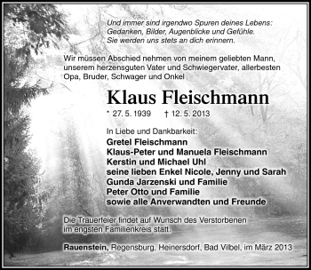 Traueranzeige von Klaus Fleischmann von Südthüringer Presse