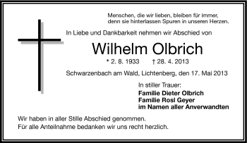 Traueranzeige von Wilhelm Olbrich von Frankenpost