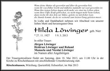 Traueranzeige von Hilda Löwinger von Südthüringer Presse