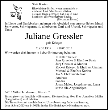 Traueranzeige von Juliane Gressler von Südthüringer Presse