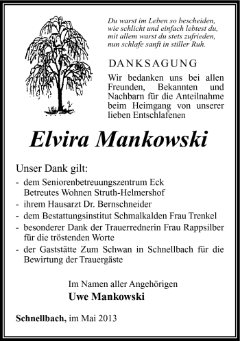 Traueranzeige von Elvira Mankowski von Südthüringer Presse