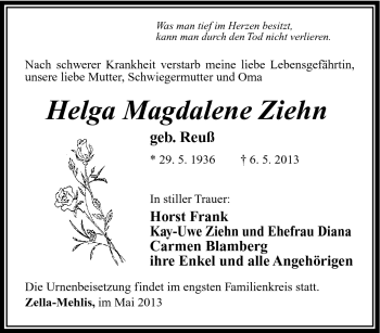 Traueranzeige von Helga Magdalene Ziehn von Südthüringer Presse