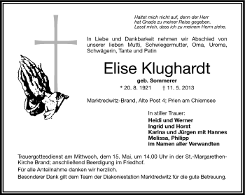 Traueranzeige von Elise Klughardt von Frankenpost