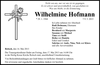Traueranzeige von Wilhelmine Hofmann von Neue Presse Coburg