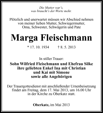 Traueranzeige von Marga Fleischmann von Südthüringer Presse