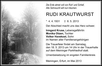 Traueranzeige von Rudi Krautwurst von Südthüringer Presse