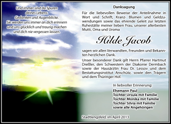 Traueranzeige von Hilde Jacob von Südthüringer Presse