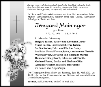 Traueranzeige von Irmgard Meininger von Südthüringer Presse