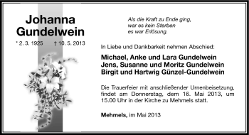 Traueranzeige von Johanna Gundelwein von Südthüringer Presse