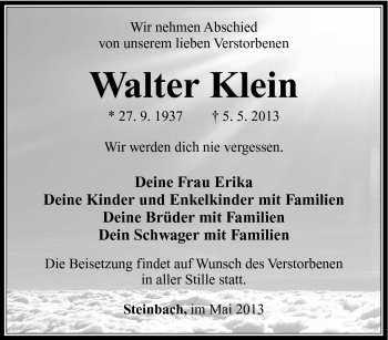 Traueranzeige von Walter Klein von Südthüringer Presse