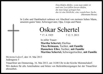 Traueranzeige von Oskar Schertel von Neue Presse Coburg