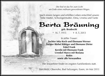 Traueranzeige von Berta Bräuning von Südthüringer Presse