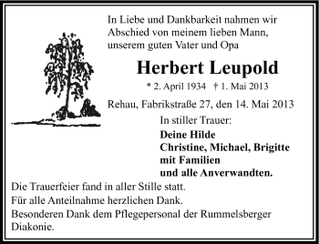 Traueranzeige von Herbert Leupold von Frankenpost