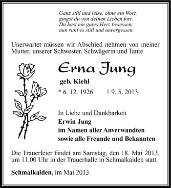 Traueranzeige von Erna Jung von Südthüringer Presse