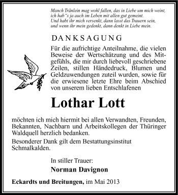 Traueranzeige von Lothar Lott von Südthüringer Presse