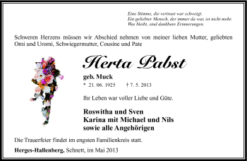 Traueranzeige von herta Pabst von Südthüringer Presse