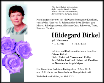 Traueranzeige von Hildegard Birkel von Südthüringer Presse