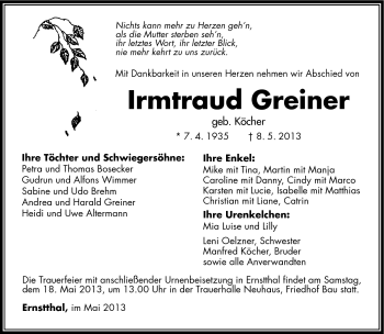 Traueranzeige von Irmtraud Greiner von Südthüringer Presse