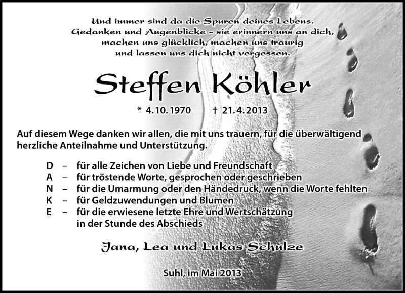  Traueranzeige für Steffen Köhler vom 15.05.2013 aus Südthüringer Presse