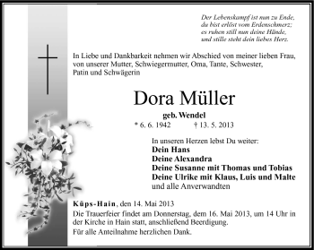 Traueranzeige von Dora Müller von Neue Presse Coburg