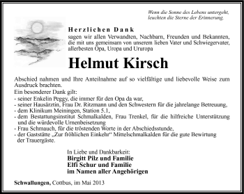 Traueranzeige von Helmut Kirsch von Südthüringer Presse