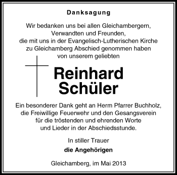 Traueranzeige von Reinhard Schüler von Südthüringer Presse
