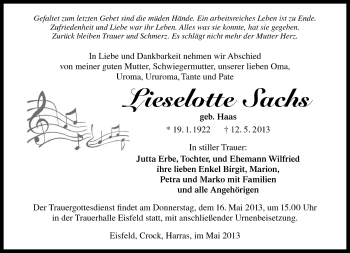 Traueranzeige von Lieselotte Sachs von Südthüringer Presse