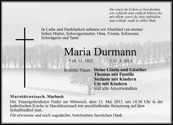Traueranzeige von Maria Durmann von Neue Presse Coburg