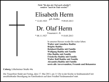 Traueranzeige von ElisabethOlaf HermHerm von Neue Presse Coburg