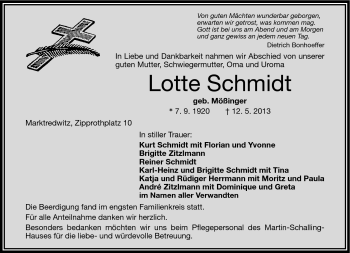 Traueranzeige von Lotte Schmidt von Frankenpost