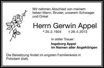 Traueranzeige von Gerwin Appel von Frankenpost