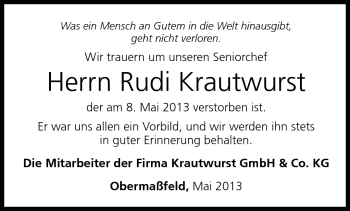 Traueranzeige von Rudi Krautwurst von Südthüringer Presse