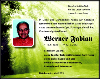 Traueranzeige von Werner Fabian von Südthüringer Presse