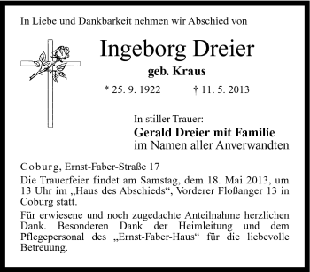 Traueranzeige von Ingeborg Dreier von Neue Presse Coburg