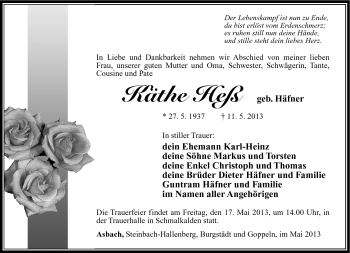 Traueranzeige von Käthe Heß von Südthüringer Presse
