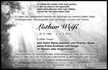 Traueranzeige von Lothar Weiß von Südthüringer Presse
