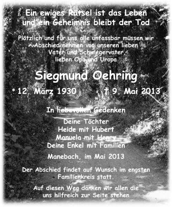 Traueranzeige von Siegmund Oehring von Südthüringer Presse