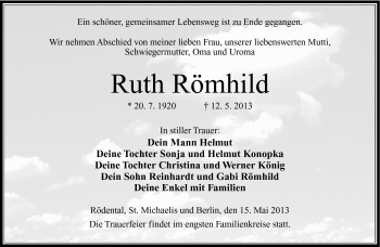 Traueranzeige von Ruth Römhild von Neue Presse Coburg
