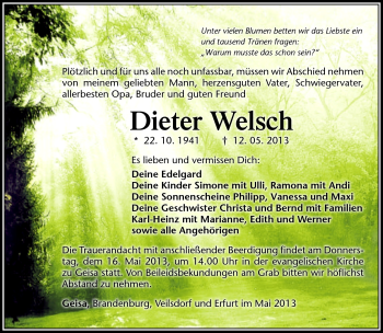 Traueranzeige von Dieter Welsch von Südthüringer Presse