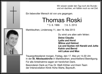 Traueranzeige von Thomas Roski von Frankenpost