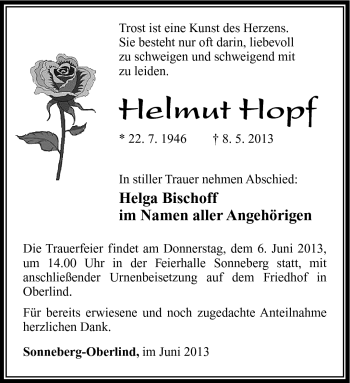 Traueranzeige von Helmut Hopf von Südthüringer Presse