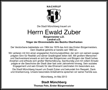 Traueranzeige von Ewald Zuber von Frankenpost