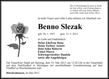Traueranzeige von Benno Slezak von Südthüringer Presse